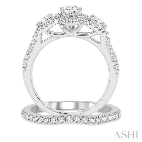 1 1/4 ctw Diamond Wedding Set With 1 ctw Triple Pear Shape Past, Present &  Future Engagement Ring and 1/4 ctw Curved Wedding Band in 14K White Gold