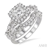 3/4 ctw Diamond Wedding Set with 3/4 ctw Princess Cut Engagement Ring and 1/10 ctw Wedding Band in 14K White Gold