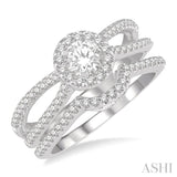 3/4 ctw Diamond Wedding Set With 5/8 ctw Round Shape Floral Center Split Shank Engagement Ring and 1/6 ctw Arched Wedding Band in 14K White Gold