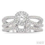 3/4 ctw Diamond Wedding Set With 5/8 ctw Round Shape Floral Center Split Shank Engagement Ring and 1/6 ctw Arched Wedding Band in 14K White Gold