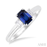 6X4 MM Emerald Cut Sapphire and 1/5 ctw Diamond 3-Stone Precious Ring in 14K White Gold