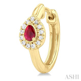 4X3 MM Pear Cut Ruby and 1/10 ctw Petite Round Cut Halo Diamond Fashion Huggies in 10K Yellow Gold