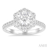 3/4 ctw Scalloped Hexagon Centerpiece Circular Shape Round Cut Diamond Semi Mount Engagement Ring in 14K White Gold