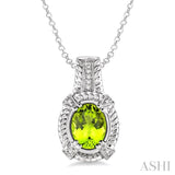 9x7  MM Oval Cut Peridot and 1/50 Ctw Single Cut Diamond Pendant in Sterling Silver with Chain