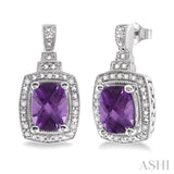 8x6MM Cushion Cut Amethyst and 1/10 Ctw Single Cut Diamond Earrings in Sterling Silver