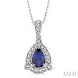 6x4 mm Pear Shape Sapphire and 1/10 Ctw Round Cut Diamond Pendant in 14K White Gold with Chain